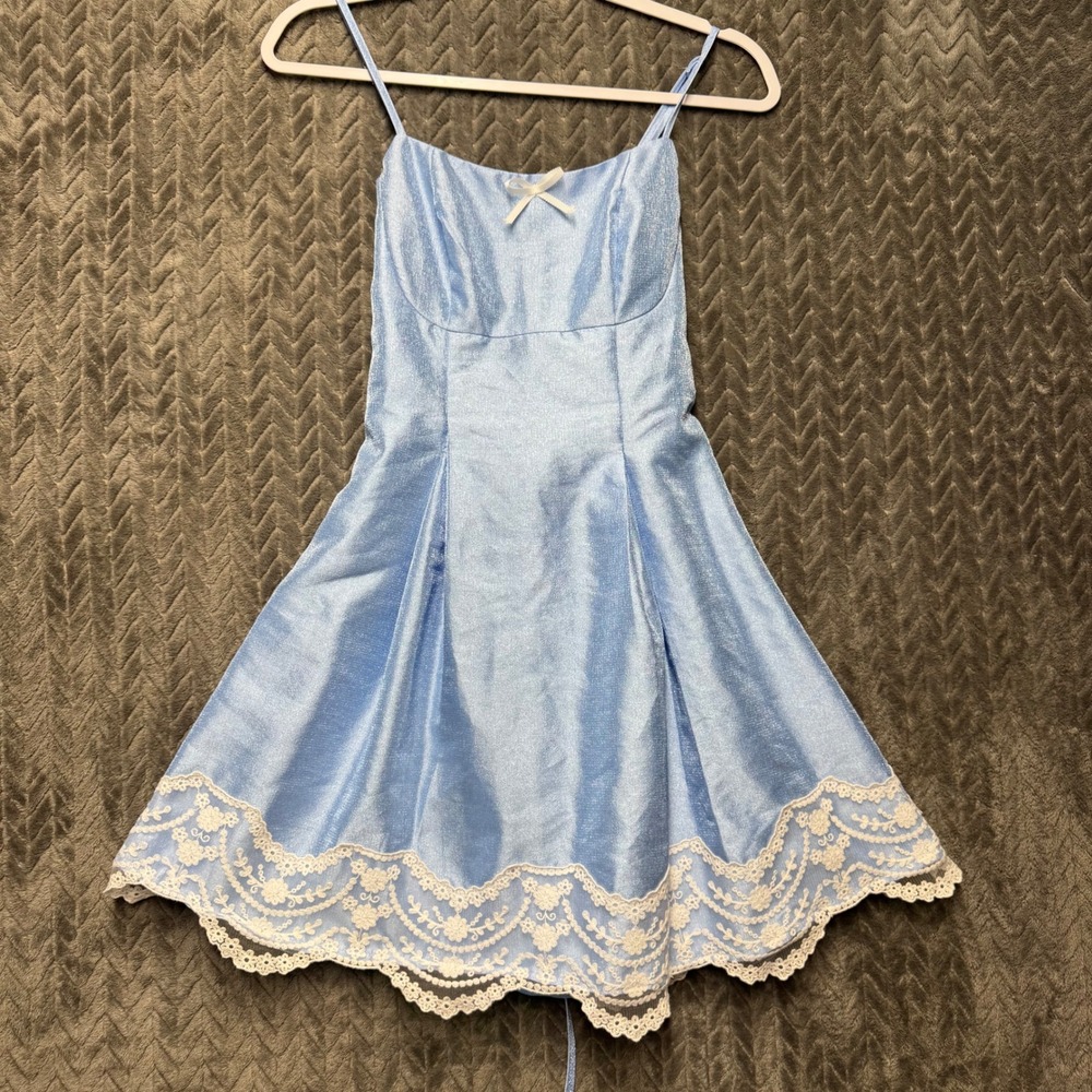 Lena Cocktail Dress Small Blue Excellent Lace Up Back Shimmer (2084)